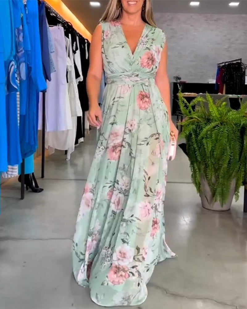 Gia - Sleeveless Floral Split Hem Long Dress