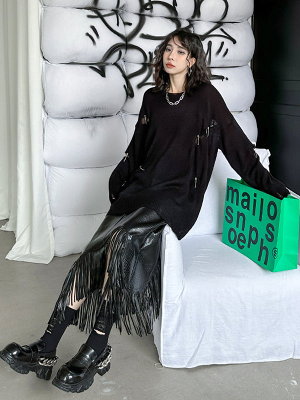 A-Line Irregularity Asymmetric Buttoned Crocodile Texture Solid Color Tasseled Skirts Bottoms