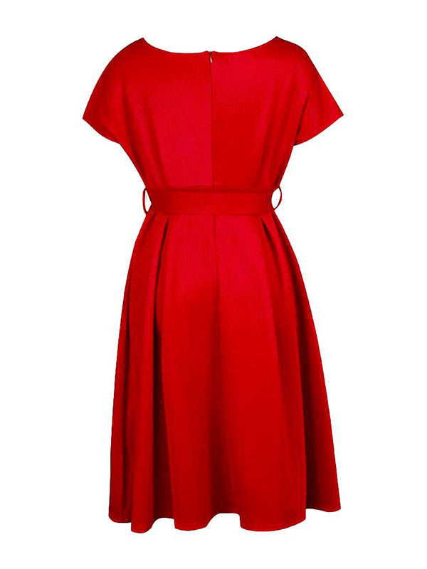 Bowknot Lace-Up Solid Color V-Neck Midi Dresses