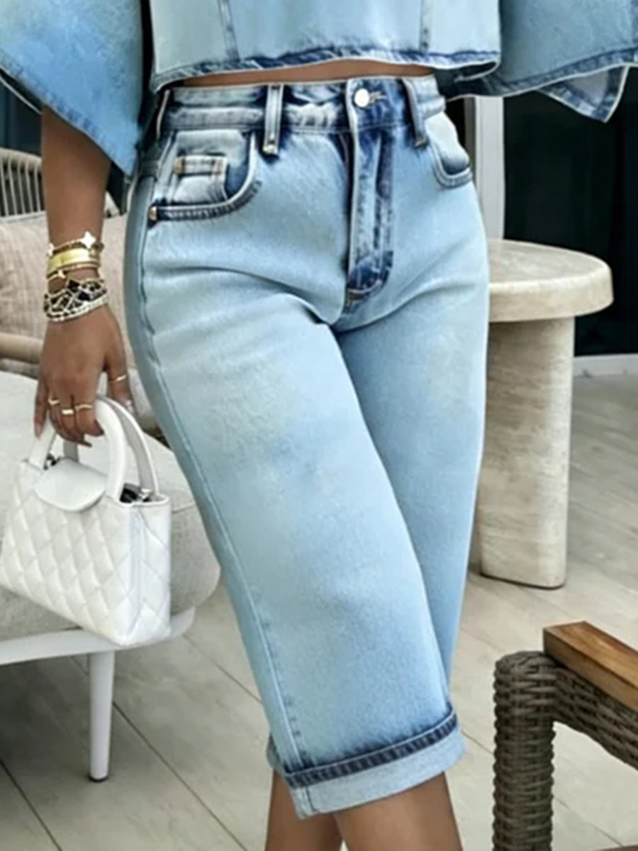 High Waisted Buttoned Contrast Color Pockets Split-Joint Denim Shorts