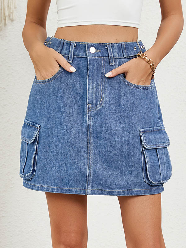 High Waisted Loose Adjustable Elasticity Pockets Split-Joint Skirts Bottoms