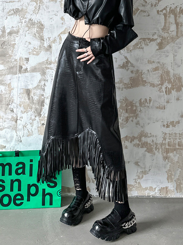 A-Line Irregularity Asymmetric Buttoned Crocodile Texture Solid Color Tasseled Skirts Bottoms