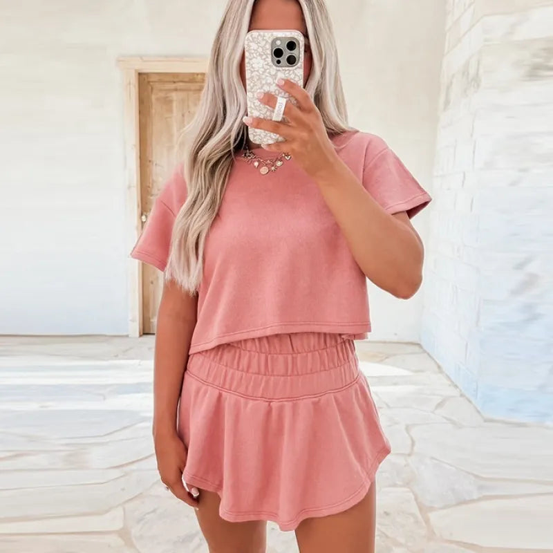 Women’s Short Sleeve Pleated Casual Suit – Two-Piece Set