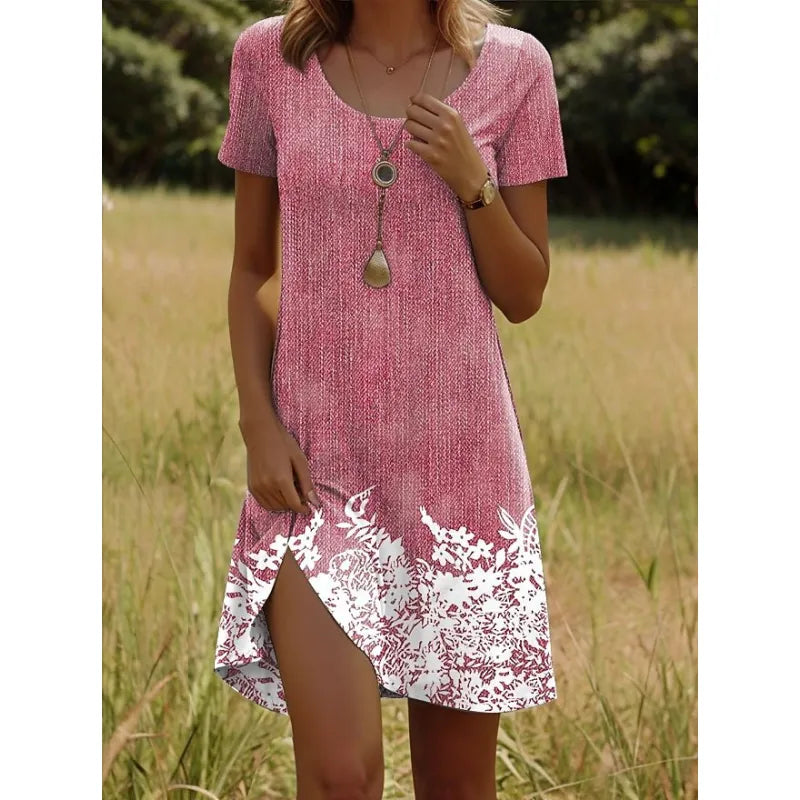 Women’s Printed Round Neck Short Sleeve Dress – Artistic Peacock & Floral Design