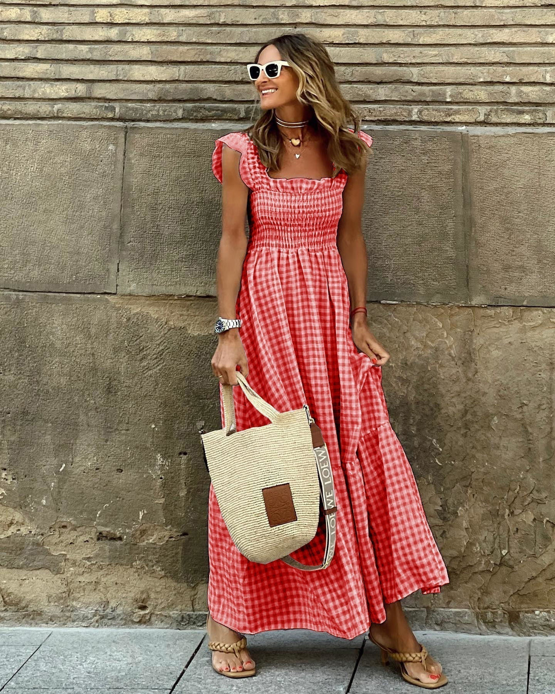 AURORA – PLAID RUFFLED-SLEEVE SMOCKED MAXI DRESS