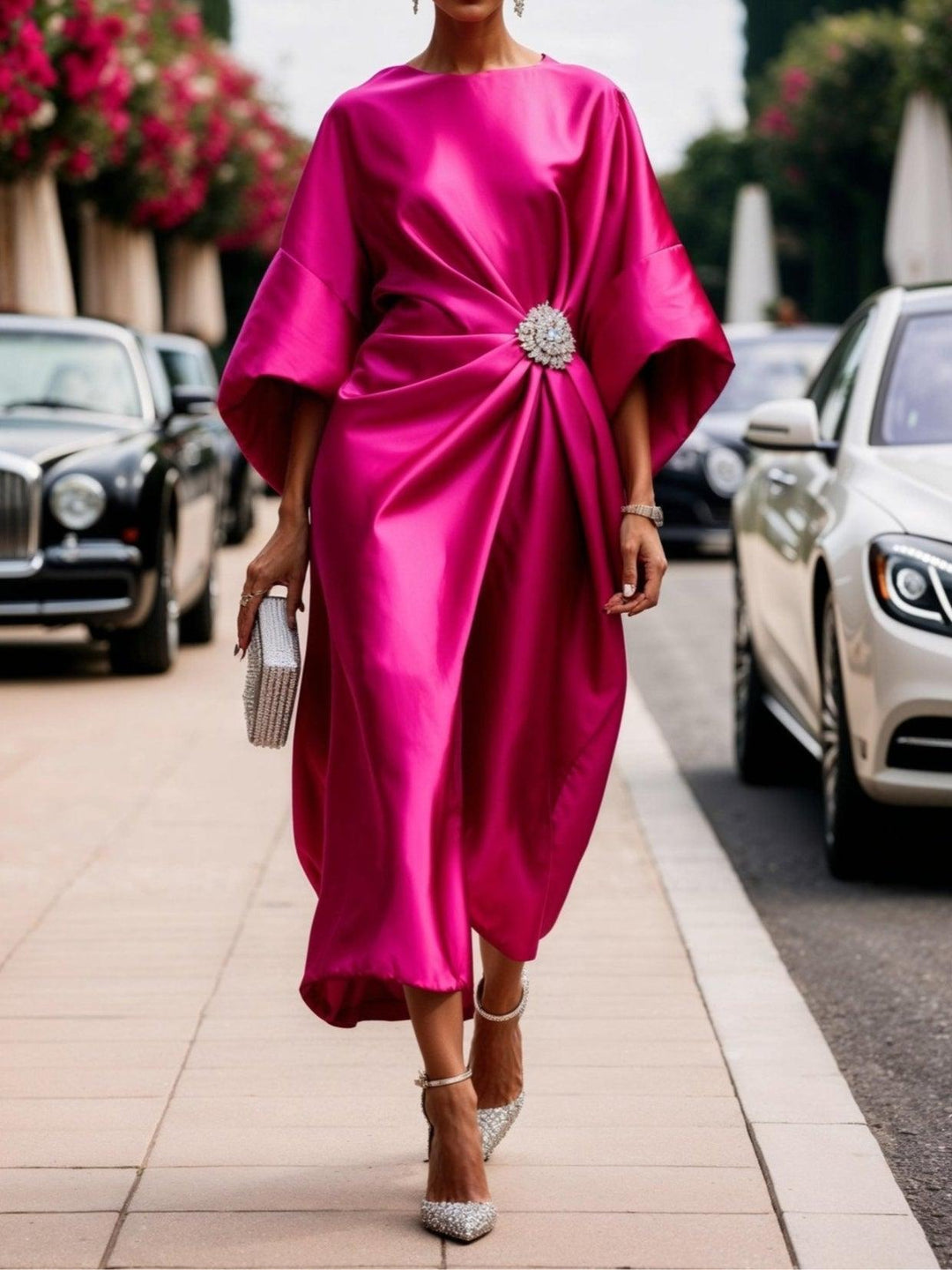 VENALARAE – SATIN DRESS WITH JEWELLED DRAPE AND WIDE SLEEVES