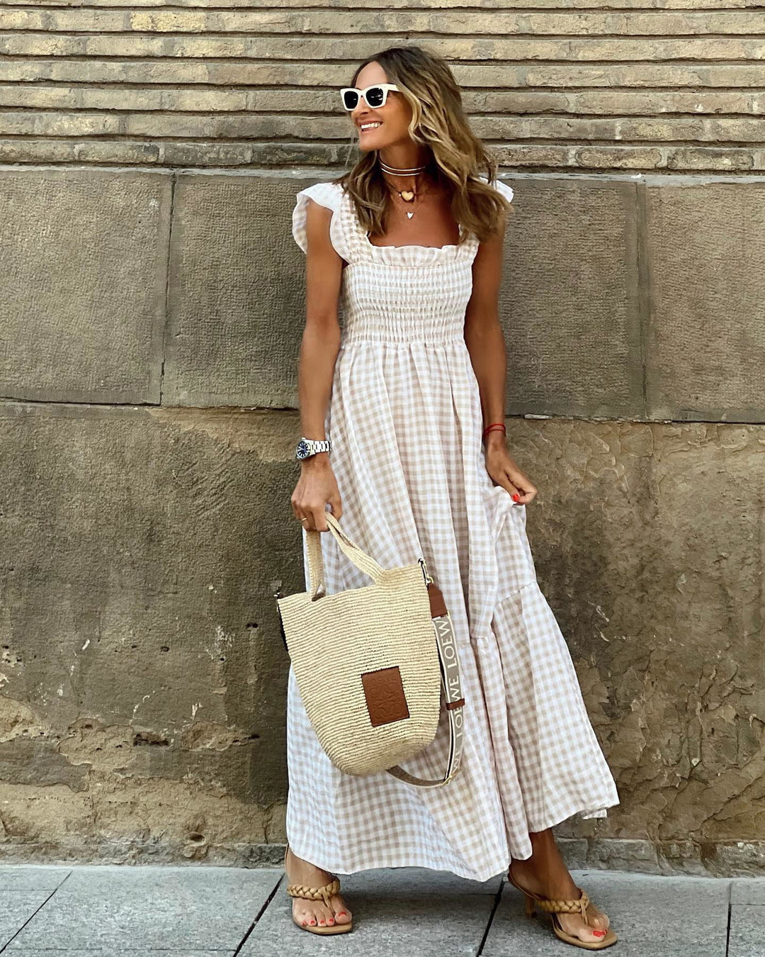 AURORA – PLAID RUFFLED-SLEEVE SMOCKED MAXI DRESS
