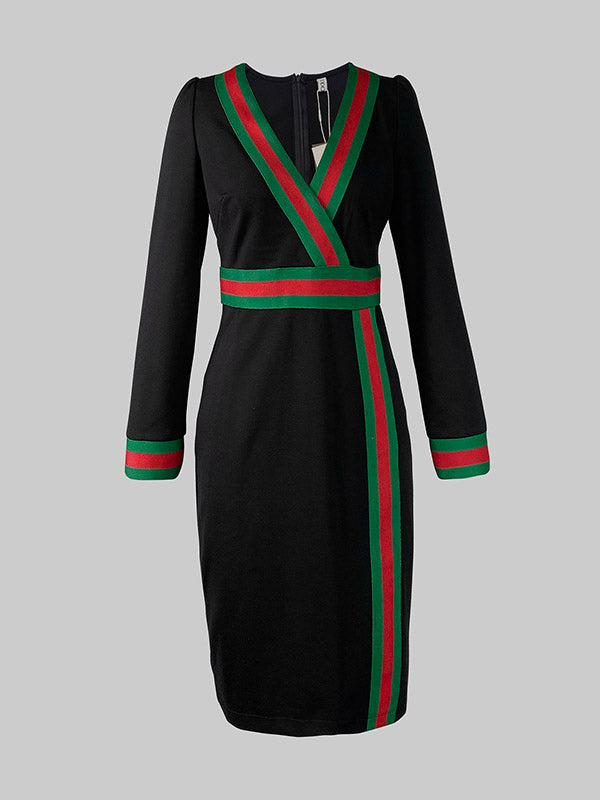 Long Sleeves Striped Deep V-Neck Mini Dresses