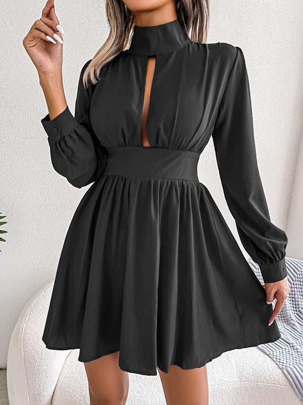 A-Line Elasticated Waist Hollow Solid Color Zipper Half Turtleneck Mini Dresses