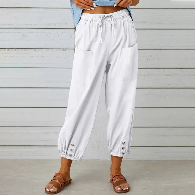 Women’s High-Waist Cotton & Linen Cropped Trousers – Wide-Leg Button Detail Fit