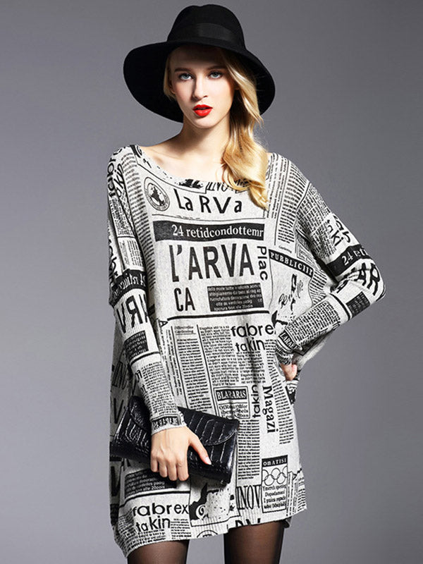 Vintage Loose One-Shoulder Newspaper Printed Split-Joint Sweater