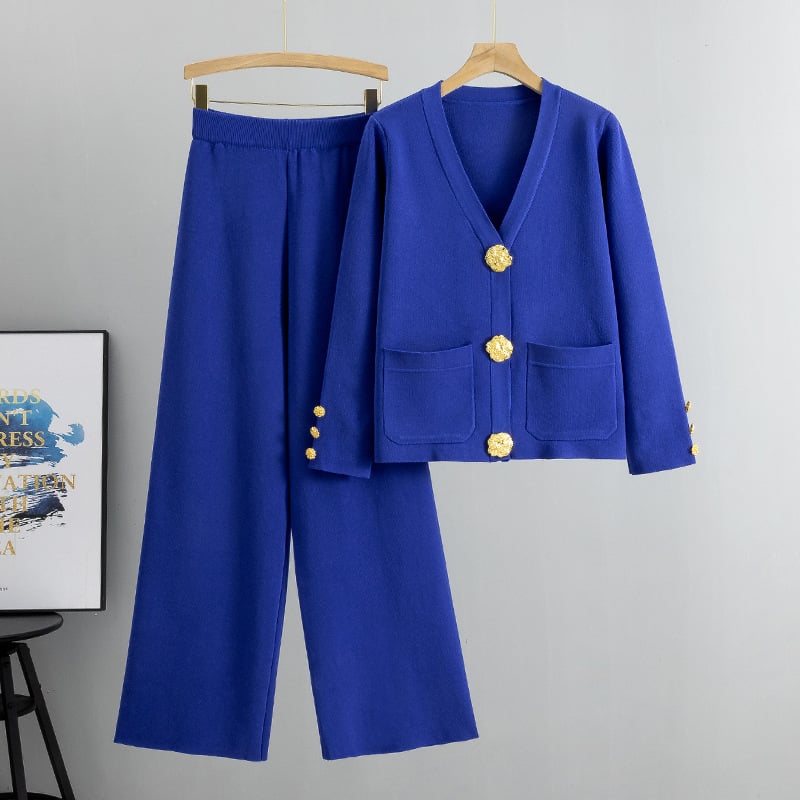 DAMARIS – METAL BUTTON WOOL SWEATER & WIDE-LEG PANTS SET