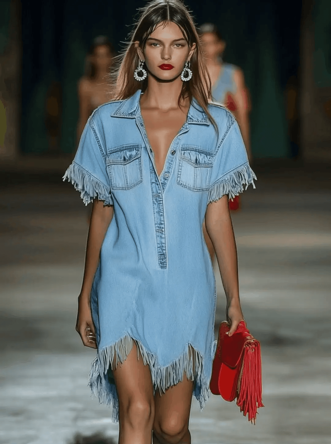 Vintage Denim Shirt Dress – Loose Fit Short Sleeve Mini Dress with Tassel Detail