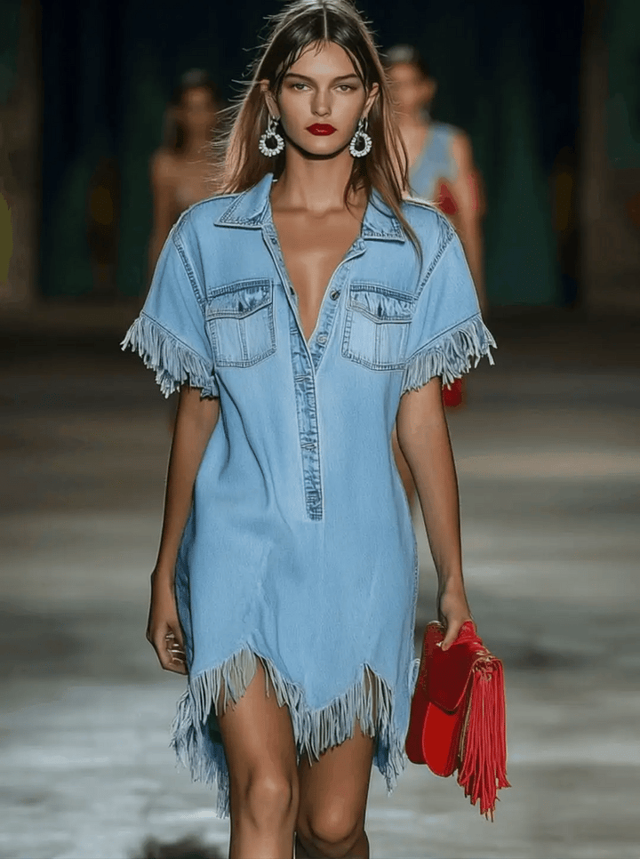 Vintage Denim Shirt Dress – Loose Fit Short Sleeve Mini Dress with Tassel Detail