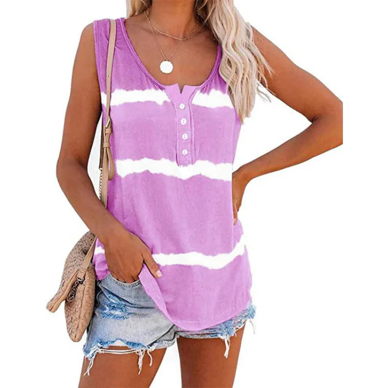 Women’s Tie-Dye Gradient Sleeveless Tank – Buttoned Summer Vest Top