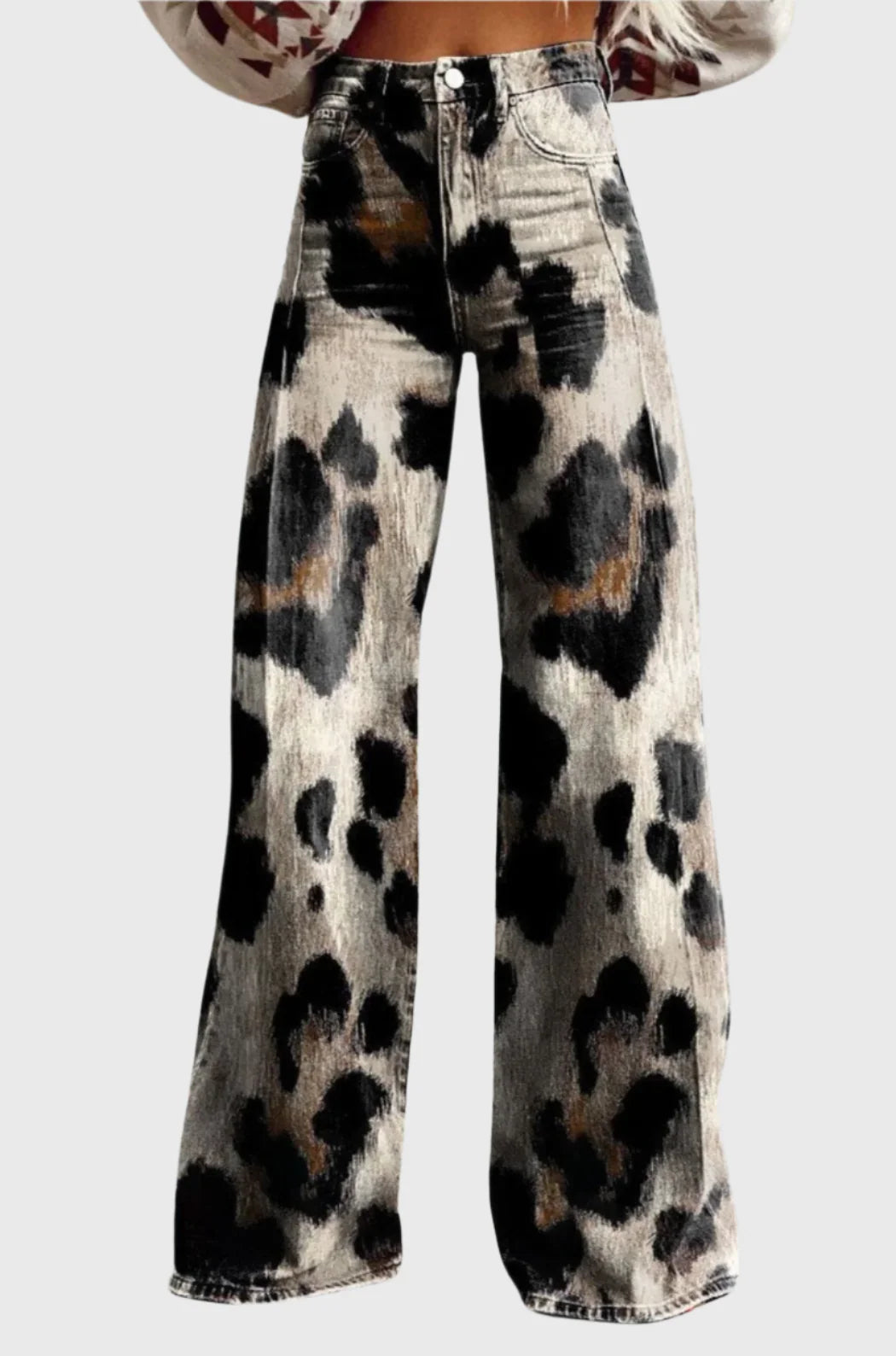 High Waisted Leopard Print Wide Leg Jeans – Vintage Wash Relaxed Denim Pants