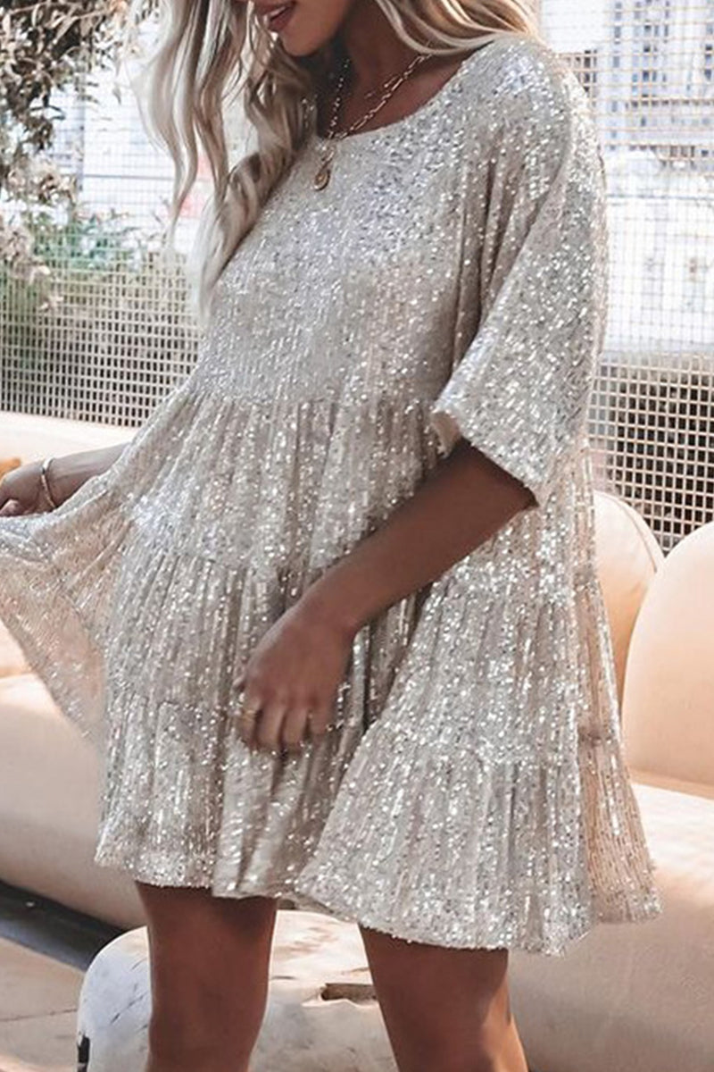 ILLYRIA – CASUAL SOLID SEQUINED A-LINE DRESS