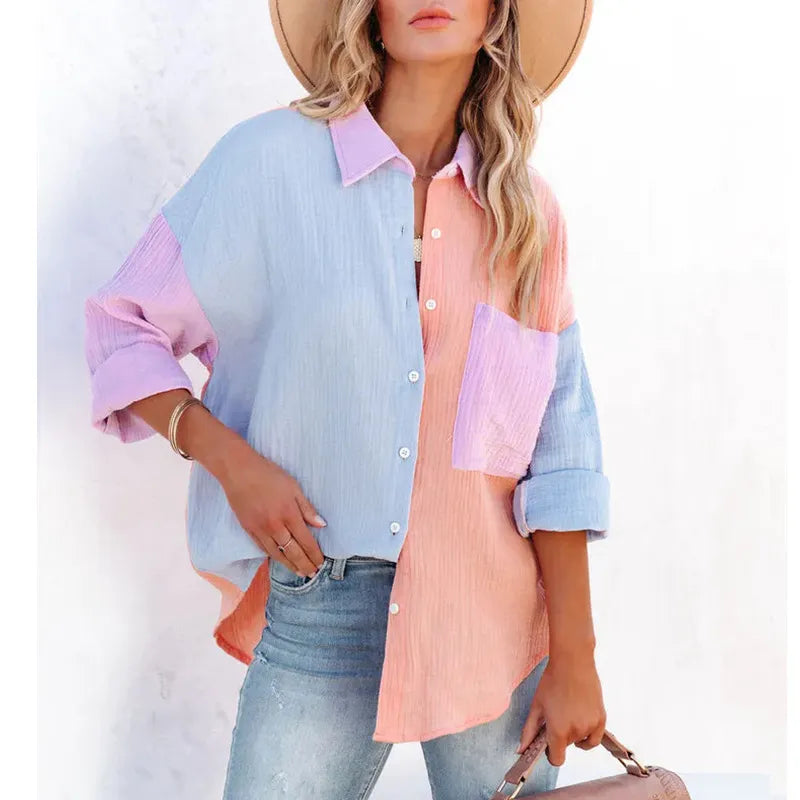 Women’s Drop-Shoulder Patchwork Shirt – Color-Contrast Long Sleeve Crepe Top
