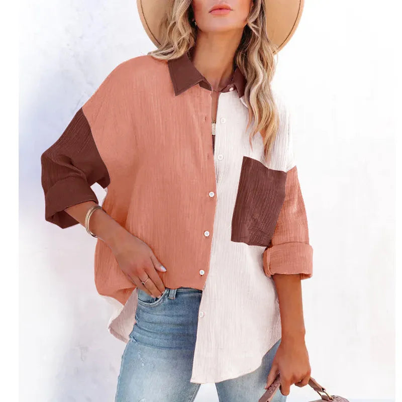 Women’s Drop-Shoulder Patchwork Shirt – Color-Contrast Long Sleeve Crepe Top
