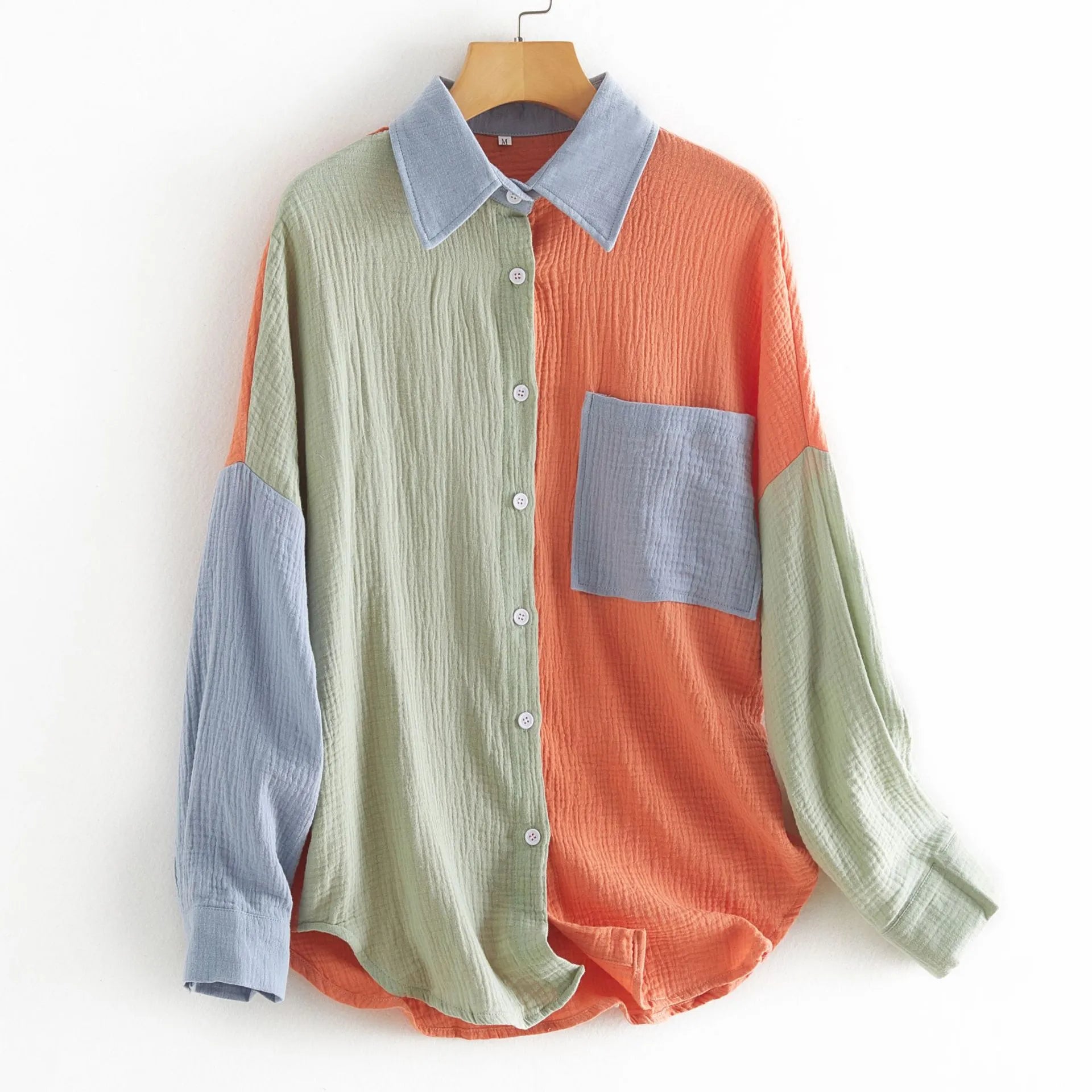 Women’s Drop-Shoulder Patchwork Shirt – Color-Contrast Long Sleeve Crepe Top