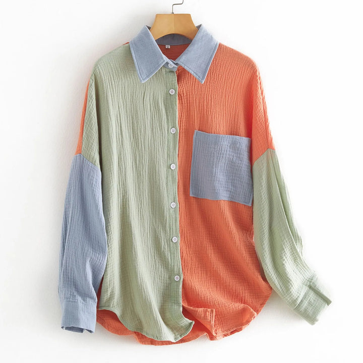 Women’s Drop-Shoulder Patchwork Shirt – Color-Contrast Long Sleeve Crepe Top
