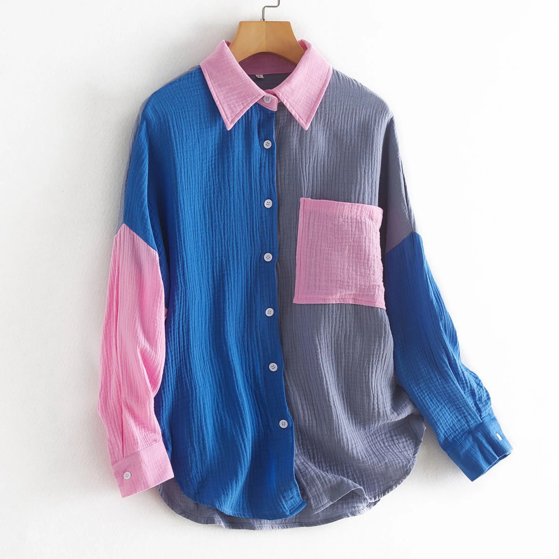 Women’s Drop-Shoulder Patchwork Shirt – Color-Contrast Long Sleeve Crepe Top