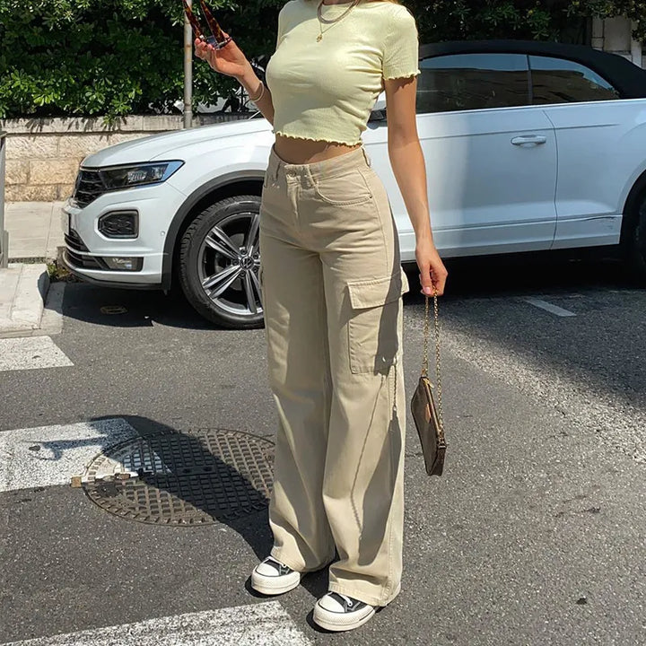 High Waist Cargo Pants – Adjustable Wide-Leg Utility Trousers for Casual Streetwear