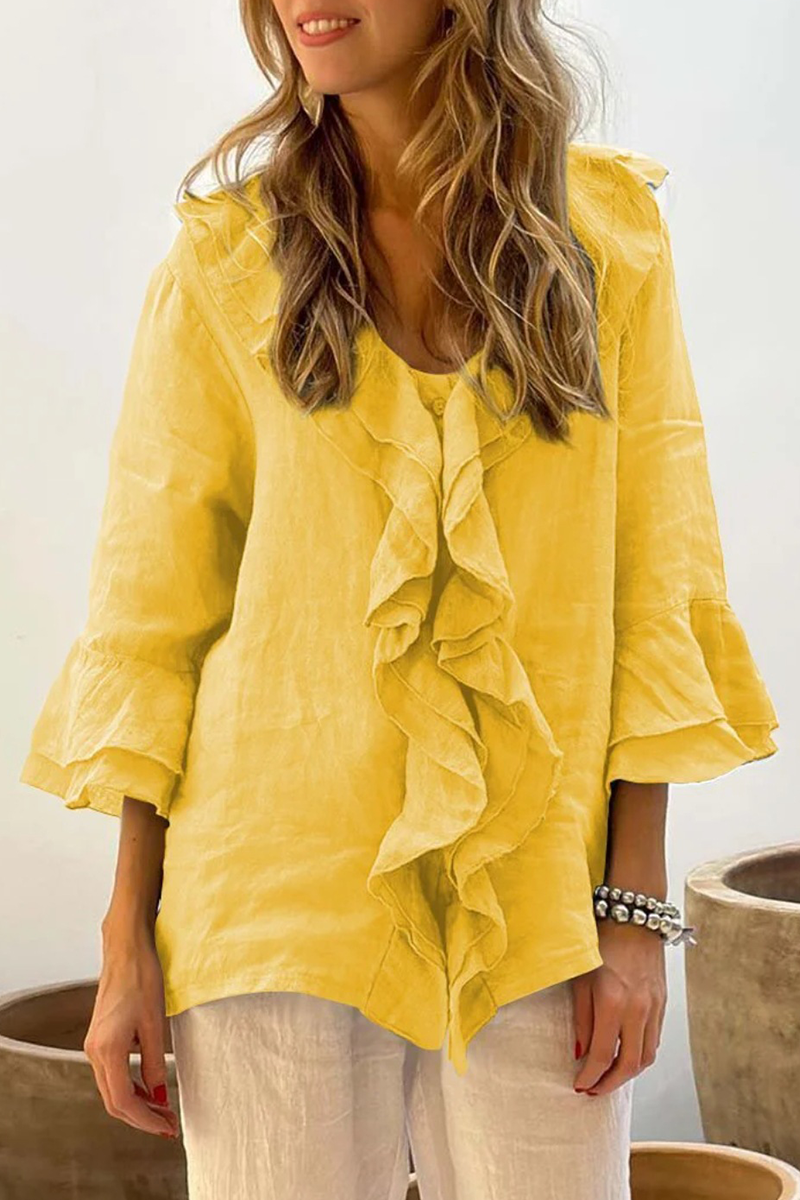 ROSABELL – CASUAL SOLID COLOR RUFFLE V-NECK BLOUSE