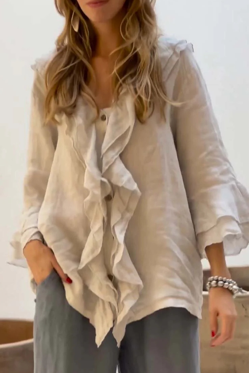 ROSABELL – CASUAL SOLID COLOR RUFFLE V-NECK BLOUSE
