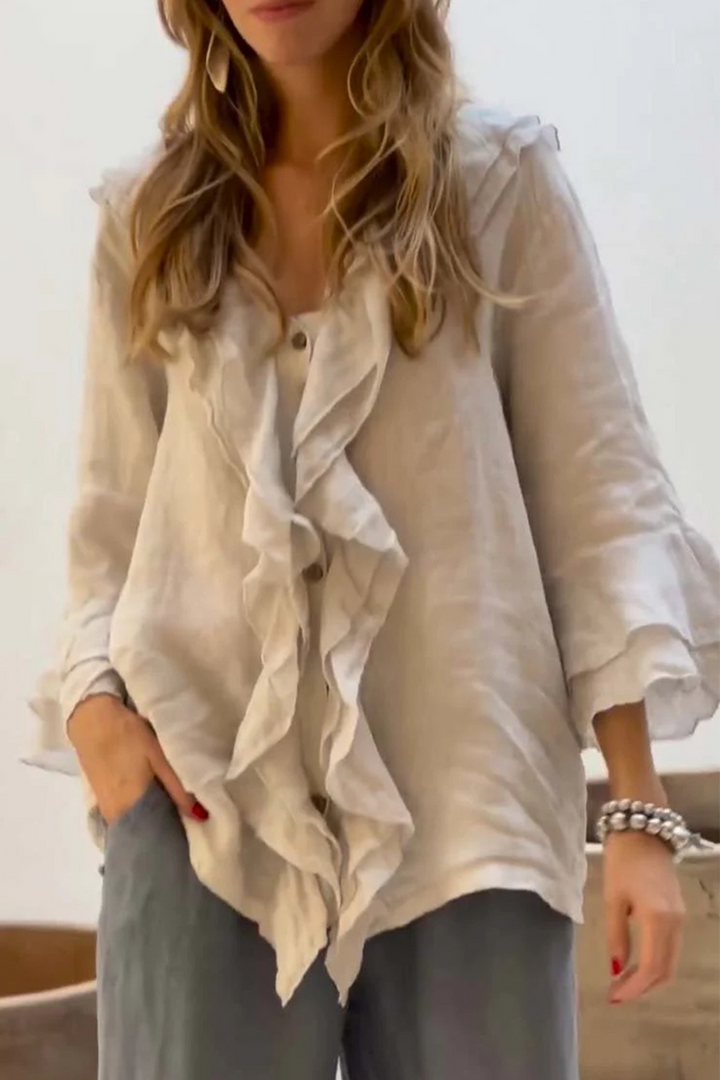 ROSABELL – CASUAL SOLID COLOR RUFFLE V-NECK BLOUSE