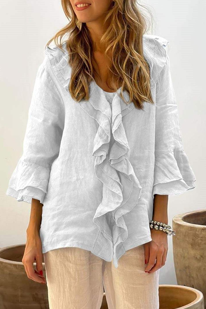 ROSABELL – CASUAL SOLID COLOR RUFFLE V-NECK BLOUSE