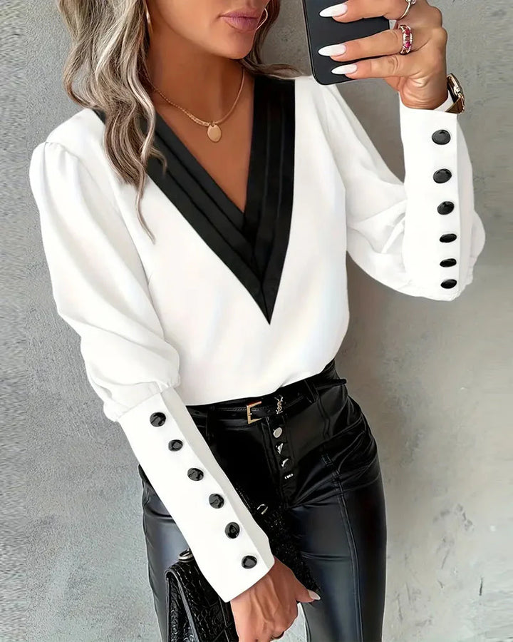Contrast Color V-Neck Sweater – Soft Knit Top with Textured Sleeves for Modern Styling