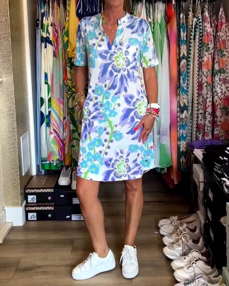 Ivendra - Short Sleeve Floral Print Dress