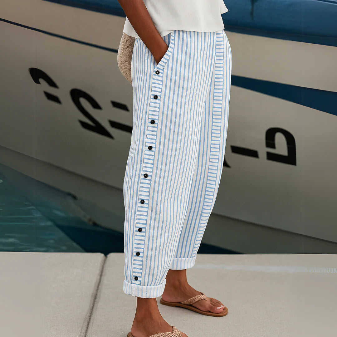 Striped Button Detail Trousers – Tailored Straight-Leg Pants for Elegant Work & Everyday Styling