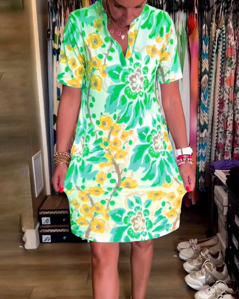 Ivendra - Short Sleeve Floral Print Dress
