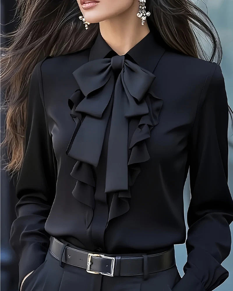 Knot Detail Ruffle Blouse – Long Sleeve Elegant Top for Refined Everyday & Smart Styling