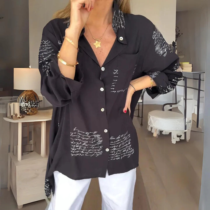 Handwritten Print Button-Up Shirt – Lightweight Artistic Top for Casual & Creative Everyday Styling