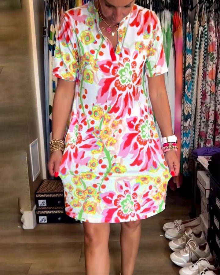 Ivendra - Short Sleeve Floral Print Dress