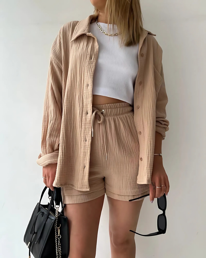 Maylee - Cotton Button-Up Shorts Set