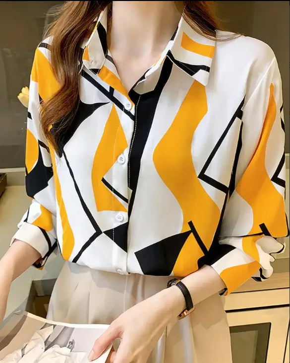 Digital Print Long Sleeve Shirt – Lightweight Lapel Blouse for Casual & Modern Everyday Styling