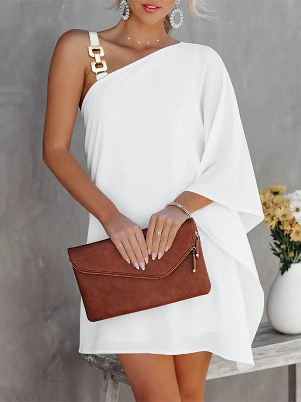 Batwing Sleeves Loose Color-Block Hollow Printed One-shoulder Mini Dresses Short Dresses