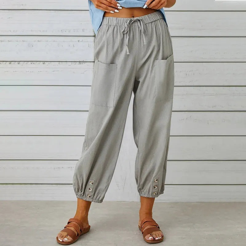 Women’s High-Waist Cotton & Linen Cropped Trousers – Wide-Leg Button Detail Fit