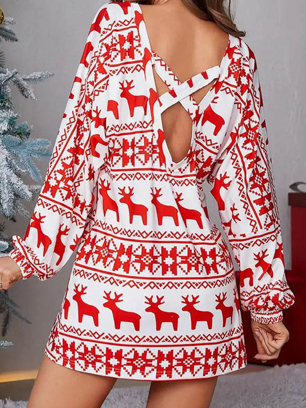 Long Sleeves Puff Sleeves Animal Printed Contrast Color Flower Print One-Shoulder Mini Dresses