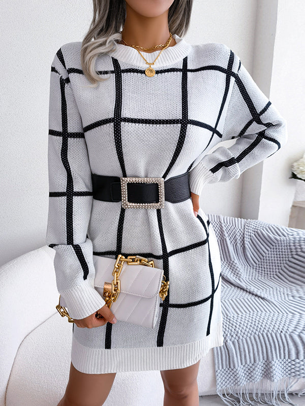 Elasticated Waist Long Sleeves Belted Contrast Color Plaid Round-Neck Mini Dresses Sweater Dresses