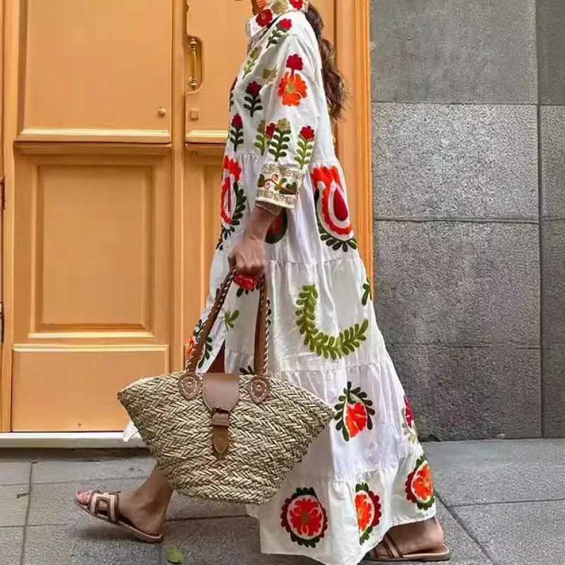 Women’s Lapel Print Long Sleeve Dress – Multi-Buckle Fresh Floral Silhouette