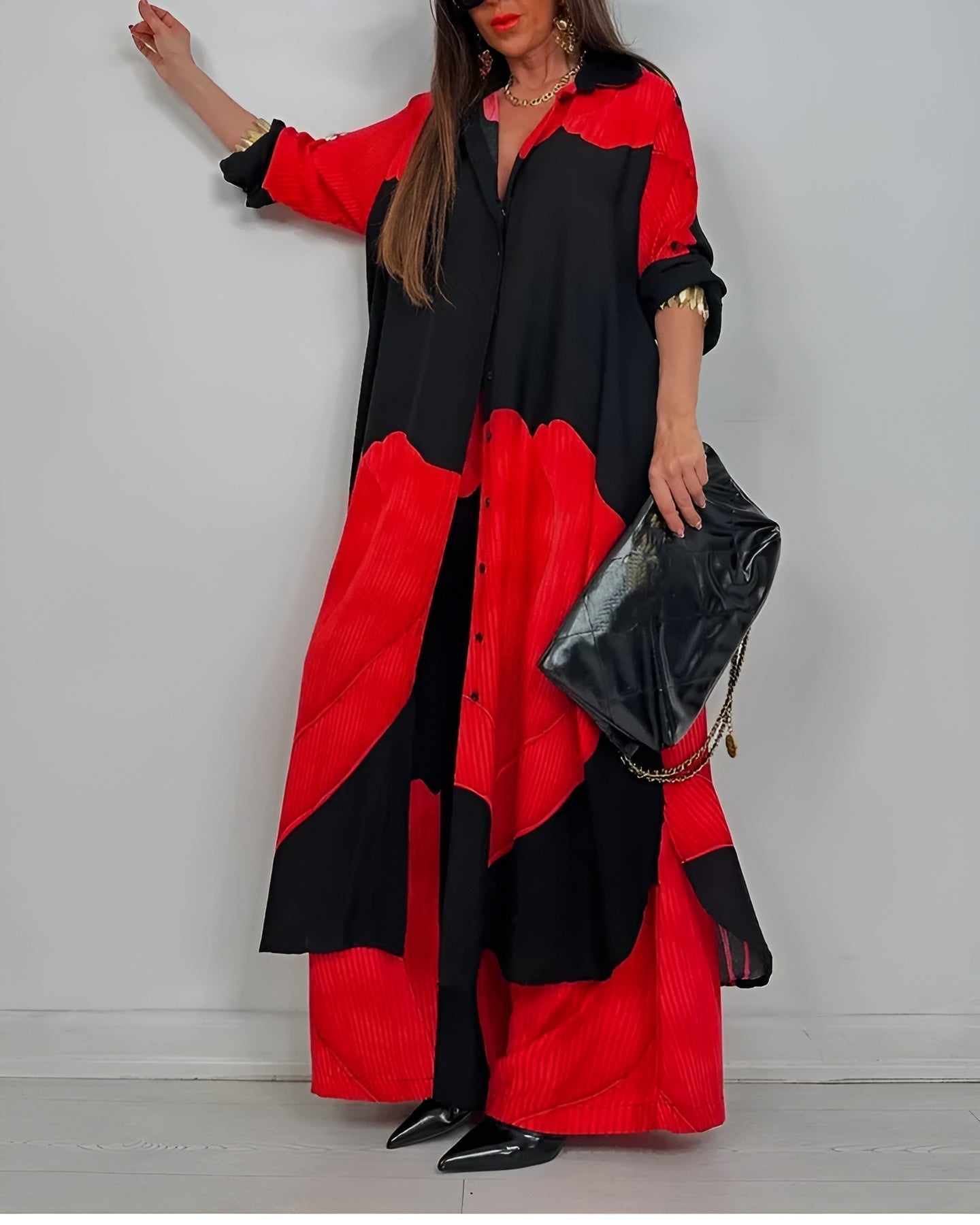 Skye - Stylish Patchwork Printed Top & Wide Leg Pants Set for a Chic Look