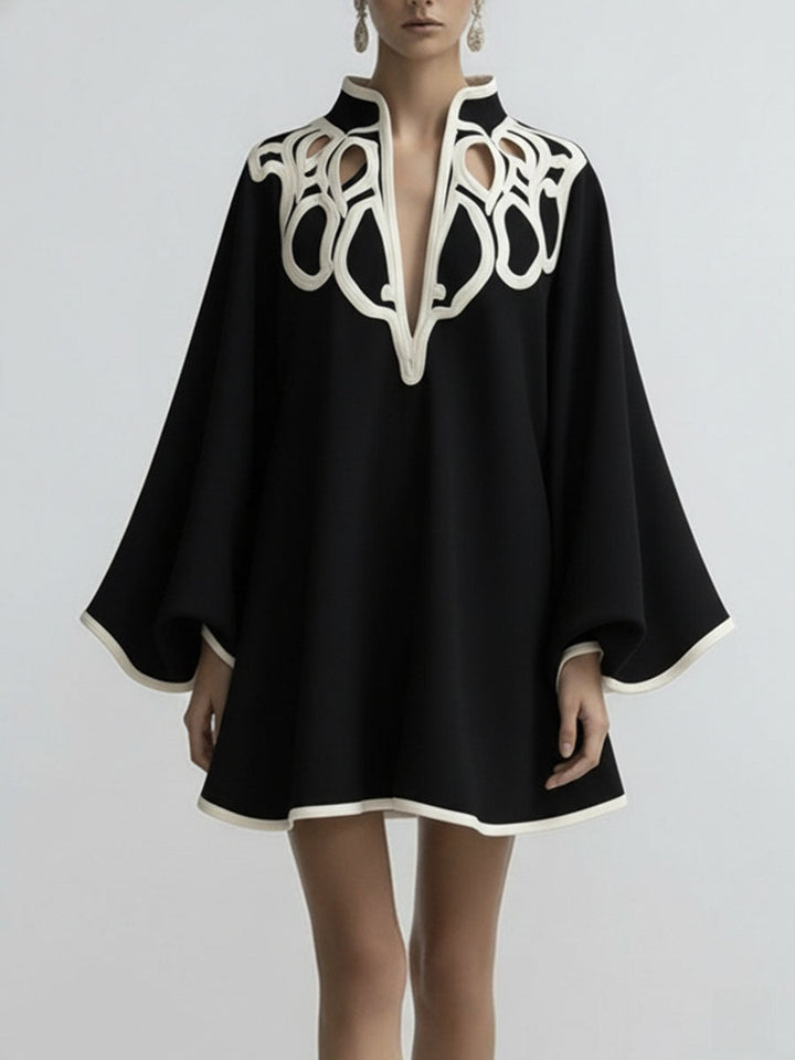 Flared Sleeves Loose Contrast Color Hollow Stand Collar Mini Dresses