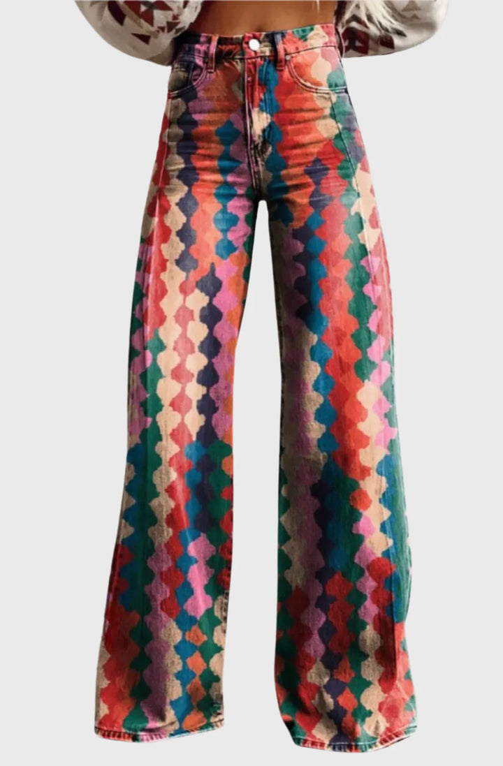Geometric Print Wide-Leg Jeans – High Waist Denim Pants with Multicolor Pattern