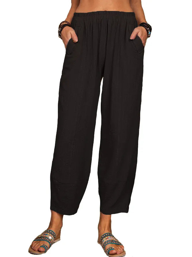 Women’s Wide-Leg Cotton & Linen Cropped Trousers – Relaxed High-Waist Fit