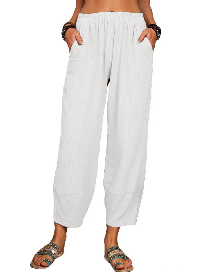 Women’s Wide-Leg Cotton & Linen Cropped Trousers – Relaxed High-Waist Fit